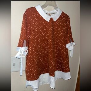 Faith and Joy Brown Top with White Polka Dots Size XL New